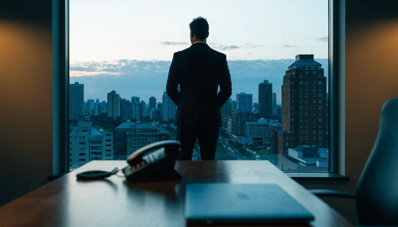 Man seen from behind looking out from a high-rise office over a city at dusk